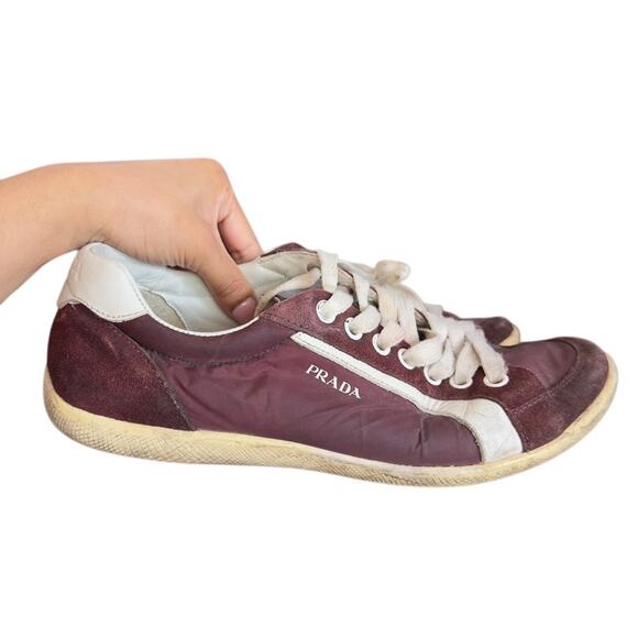 Prada Shoes Lace Up Round Leather Nylon Red Size 9 Sneakers - Picture 1 of 16